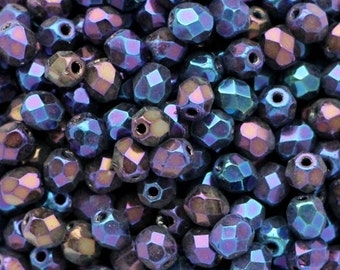 50pcs Iris Blue 4mm Czech Fire Polished Beads 4mm Thin Rainbow Metallic Blue Polish Faceted Beads Facet Round Blue