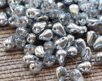 50pcs Small teardrop beads silver crystal 4x6mm Metallic Czech Glass Drop Bead Tiny Tear Drops Czech Glass Beads