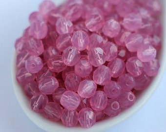 30pcs Opal Milky Rosaine 6mm Czech Fire Polished Glass Beads Milky Pink Facet Glass Round Beads 6mm Rosaline