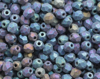 100pcs Matte Iris Blue 3mm Czech Fire Polished Glass Beads Round Polish Coated Frosted Metallic Blue