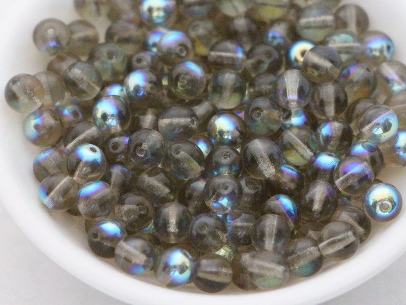 50pcs 6mm Grey Gray Rainbow Round Beads Czech Pressed Druk Beads 6mm Smooth Round Beads Black Diamond Rainbow Round Glass Beads