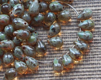 25pcs Antique Teardrops 6x9mm Crystal Picasso Czech Glass Drop Beads Briolette Antique