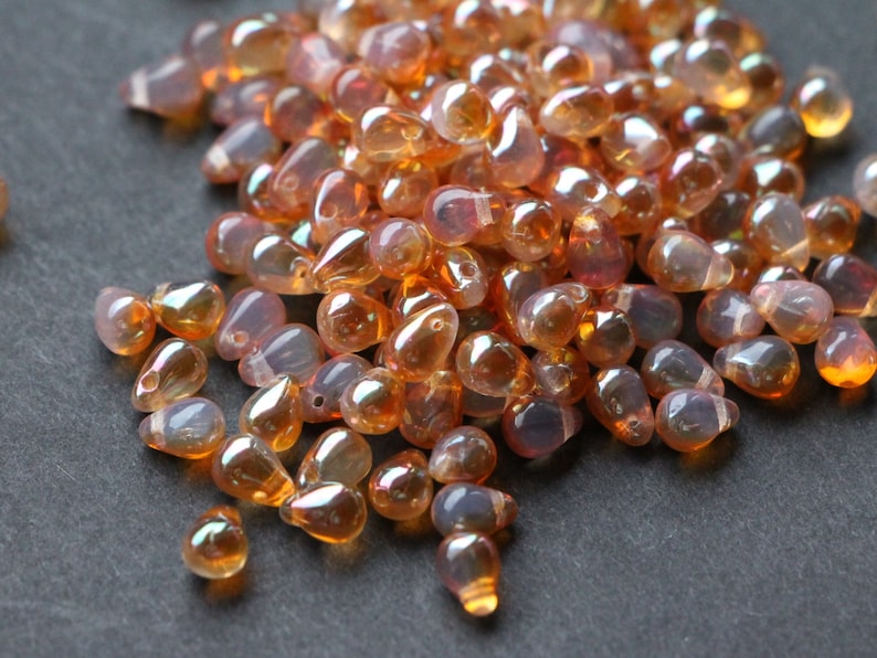 50pcs celsian moonstone Czech glass drop beads 4x6mm Opal orange gold Czech Glass Beads Tiny Teardrops Opalite Beads Milky White image 1