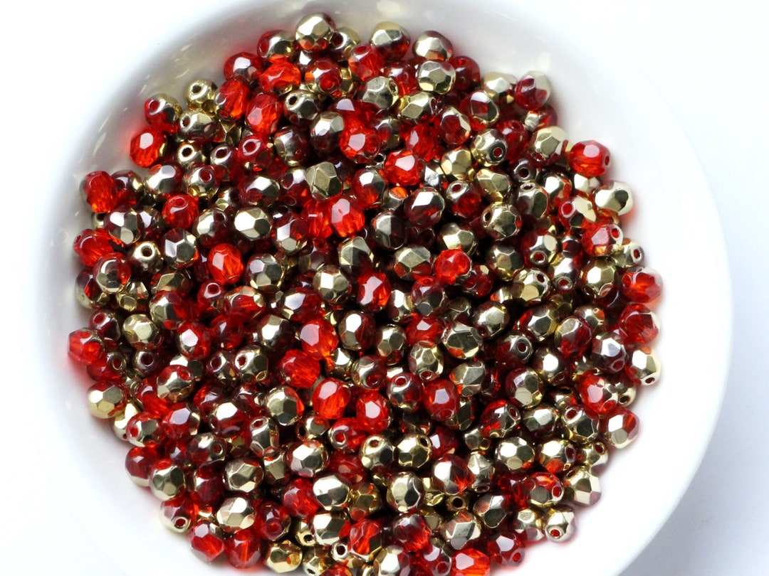 50pcs Golden Ruby Red 4mm Czech Fire Polished Beads Round Glass Polish ...