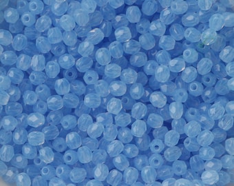 100pcs Milky Sapphire Blue 3mm Czech Fire Polished Glass Beads Small Faceted Beads Opal Blue