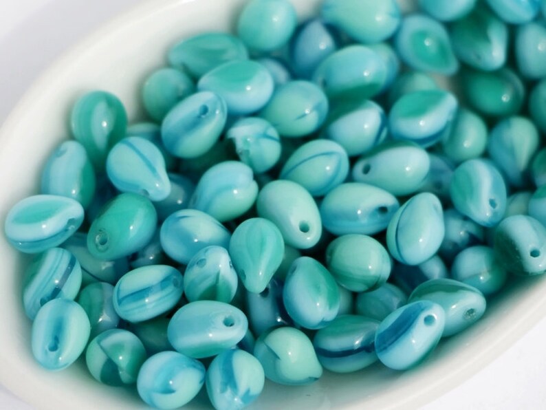 Czech Glass Green Pale Blue Shade Drop Beads Briolette Mixed Colors 25pcs Mix Color Teal Green Blue Turquoise Drops 5x7mm