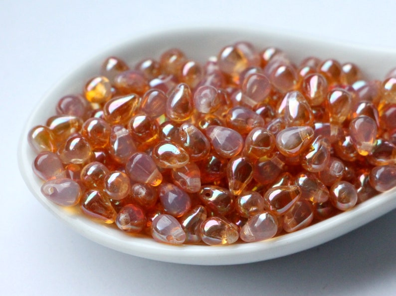 50pcs celsian moonstone Czech glass drop beads 4x6mm Opal orange gold Czech Glass Beads Tiny Teardrops Opalite Beads Milky White image 3