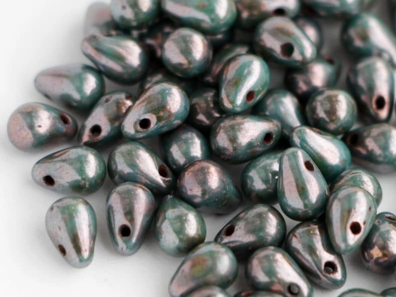 Antique Turquoise Bronze Picasso Teardrops 4x6mm Czech Glass Drop Beads Briolette Travertine Green Small Briolettes Stone Turquoise 50pcs