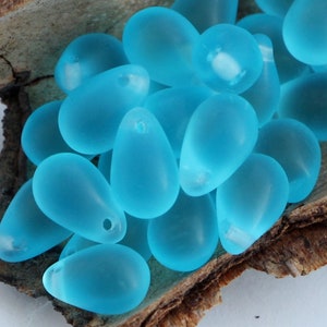 25pcs Teardrops 6x9mm Matte aqua blue Czech Glass Drop Beads Tiny Tear Drops Frosted Aquamarine Blue Briolette Seaglass Beads