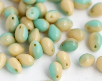 25pcs Mix Turquoise Beige Czech Glass Drop beads 5x7mm Czech Teardrops Ivory Green Cream Briolette small