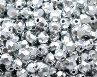 50pcs Metallic Silver 4mm Czech Fire Polished Beads 4mm Small Round Shiny Silver Facet Glass Round Beads