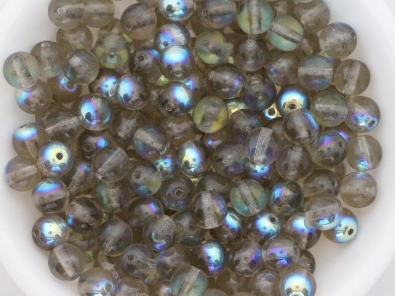 50pcs 6mm Grey Gray Rainbow Round Beads Czech Pressed Druk Beads 6mm Smooth Round Beads Black Diamond Rainbow Round Glass Beads