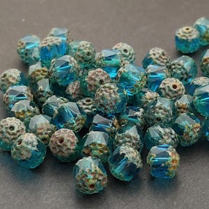 15pcs Aqua Blue Picasso 8mm Cathedral Czech Glass Beads with antique ends fire polished beads travertine aquamarine