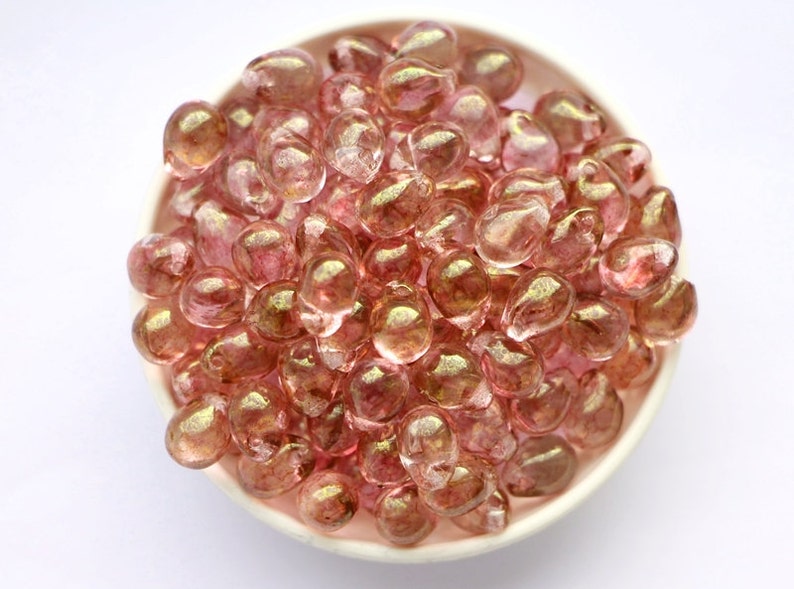 Small teardrops 5x7mm 25pcs Light Pink coating Czech Glass Beads Tiny Drops Pink Teardrop Gold Pink Rose Small Briolette image 3