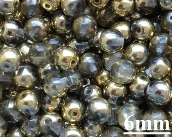 50pcs Crystal half Gold Round Beads 6mm Czech Glass Beads 6mm Metallic golden Smooth round Beads