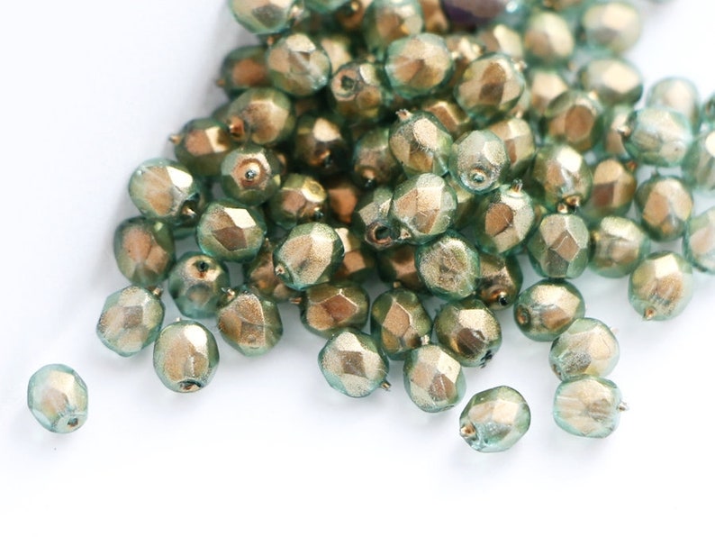 Halo Heavens Green 50pcs 4mm Czech Fire Polished Glass Beads Round Faceted Bead Golden Green
