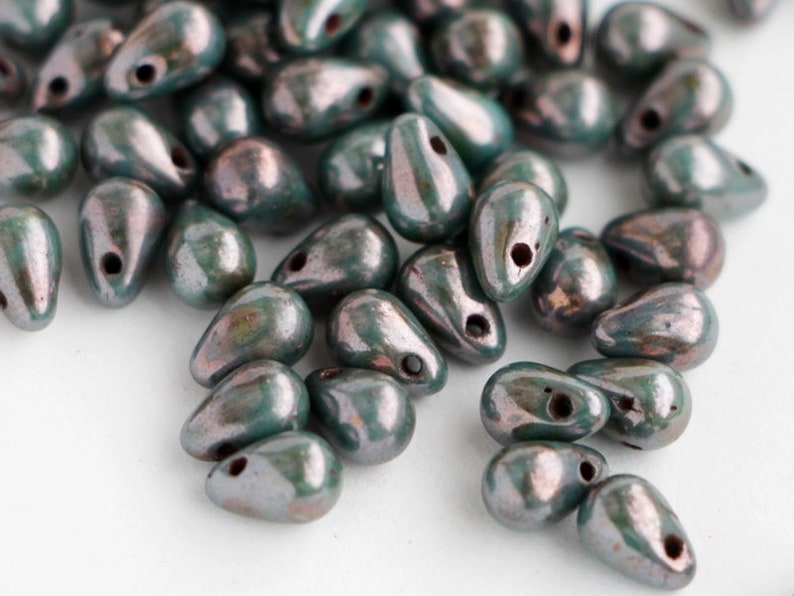 Antique Turquoise Bronze Picasso Teardrops 4x6mm Czech Glass Drop Beads Briolette Travertine Green Small Briolettes Stone Turquoise 50pcs