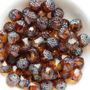15pcs Topaz Picasso Cathedral 8mm Czech Glass Beads with antique ends fire polished beads travertine image 3