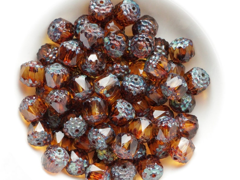 15pcs Topaz Picasso Cathedral 8mm Czech Glass Beads with antique ends fire polished beads travertine image 3