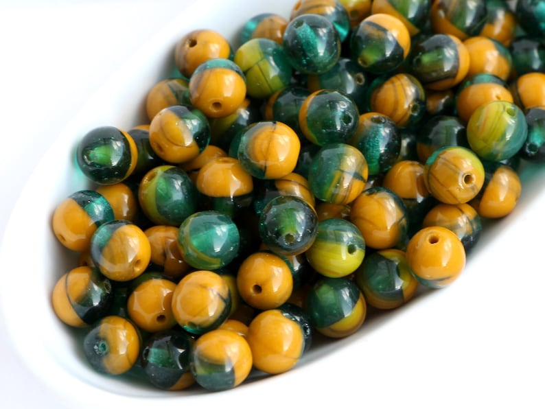 6mm Mixed Druk Round Beads 50pcs Czech Pressed Druk Beads 6mm Round Beads Mixes Round Glass Beads Mustard Green Olivine