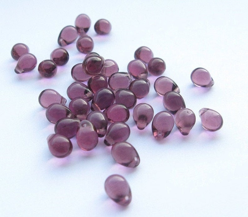 25pcs Amethyst Czech Glass Drop Beads 5x7mm Czech Teardrop Dark Purple Small Briolette Amethyst purple image 1
