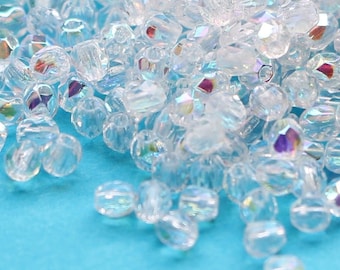 100pcs Crystal AB 3mm Czech Fire Polished Beads Round Glass Small Polish Faceted Clear Rainbow