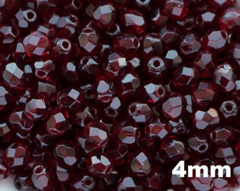 50pcs Garnet 4mm Czech Fire Polished Beads Round Glass Red Polish Faceted Dark Red Small Facet Glass Beads pomegranate beads