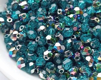 50pcs Vitral Teal Blue Czech Fire Polished Beads 4mm Round Beads for jewelry making Czech glass facet beads