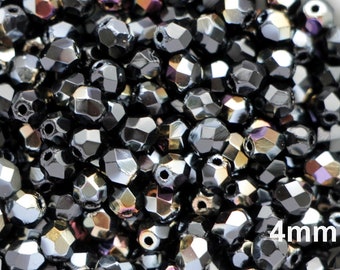 50pcs Twilight black Czech Fire Polished Beads 4mm Round Beads Jet Golden Small Facet Glass Beads 4mm