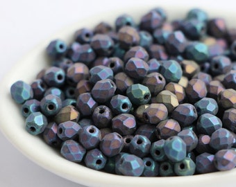 50pcs Matte Iris Blue Czech Glass Beads 4mm Fire Polished Beads 4mm Metallic Frosted Faceted Beads 4mm