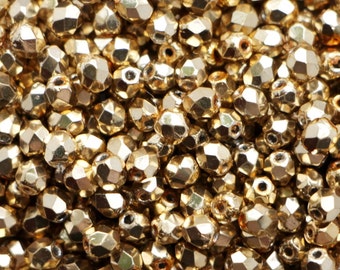 100pcs metallic Gold 3mm Small Czech Fire Polished Glass Beads Metallic Golden Coated