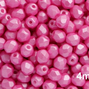 50pcs 4mm Pearl Shine Fuchsia Czech Fire Polished Glass Beads Pink Round Faceted Bohemian Glass Beads