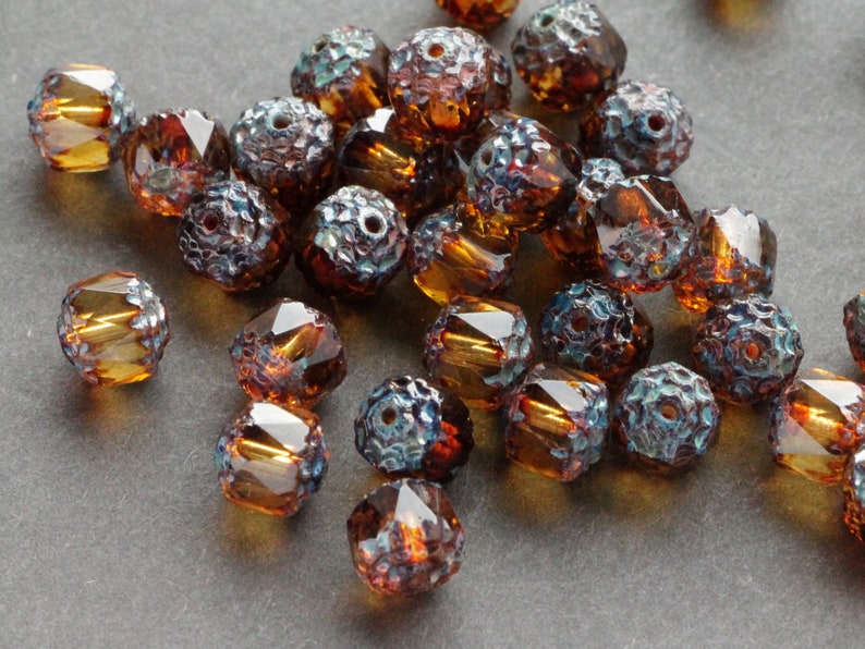 15pcs Topaz Picasso Cathedral 8mm Czech Glass Beads with antique ends fire polished beads travertine image 6