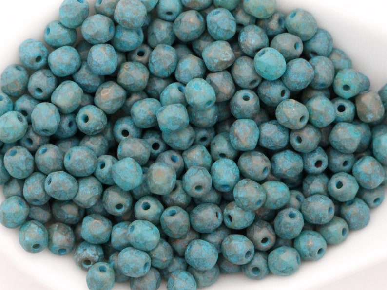 50psc Small Czech Fire Polished Glass Beads Frosted Vintage Faceted Round Bead 4mm Antique Aqua Blue Picasso