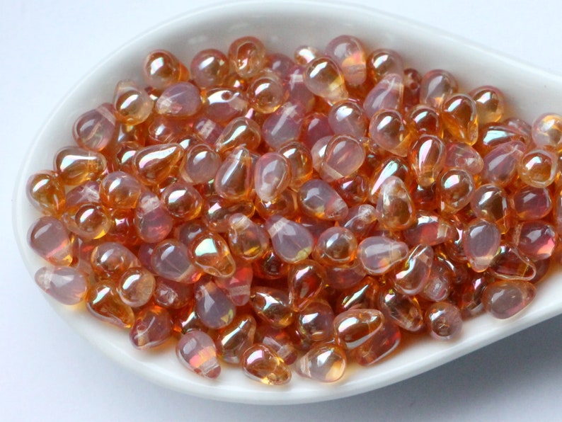 50pcs celsian moonstone Czech glass drop beads 4x6mm Opal orange gold Czech Glass Beads Tiny Teardrops Opalite Beads Milky White image 5