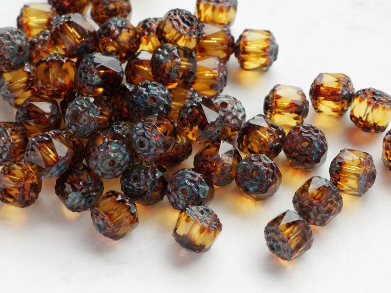 15pcs Topaz Picasso Cathedral 8mm Czech Glass Beads with antique ends fire polished beads travertine image 1