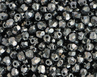 100pcs Gray Hematite 3mm Czech Fire Polished Glass Beads Polish Faceted Round Small Faceted Hematite Gray Beads