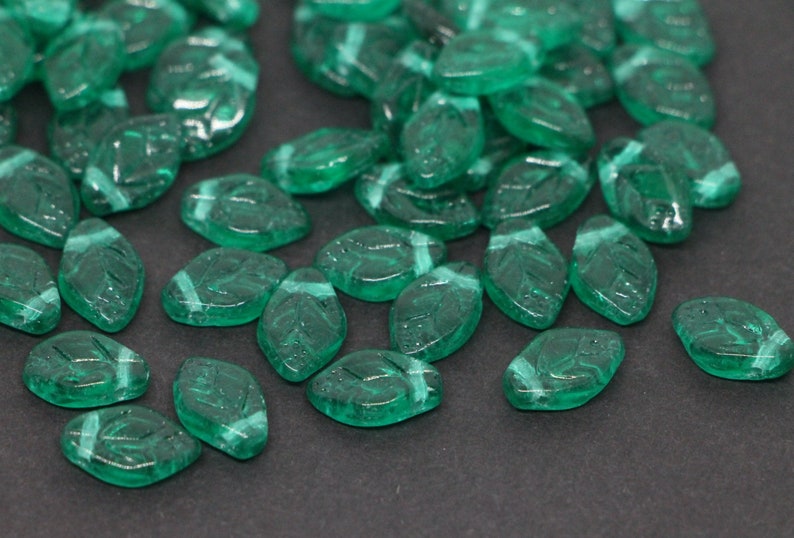 Teal Leaves beads 12x7mm Czech Glass Leaves Leaf Floral Beads Teal Green 30pcs