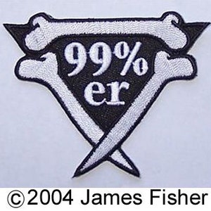 May include: Black and white embroidered patch with two crossed bones and the text "99%er" in a triangle shape.
