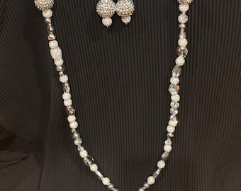 27" Sparkly Silver Beaded Necklace w/Tassel and Earring Set