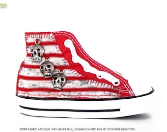 Kids Converse Custom Sneakers Toddlers Gift with Silver Skull, Heart Charms and Fabric Applique