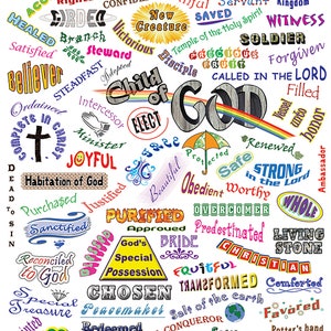 Póster Quiénes somos en Cristo, 85 nombres para cristianos en diseño divertido, arte escolar, dos tamaños