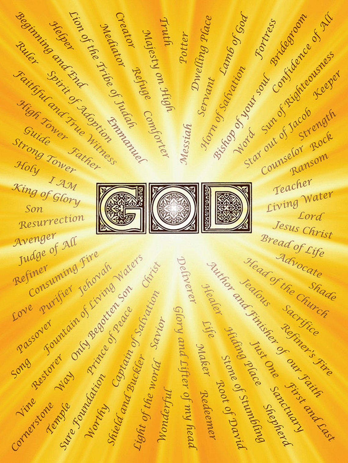 Names of God Poster With Stunning Sunburst Design 91 Names 18 X 24