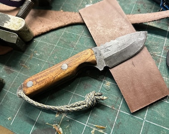 Hand Forged 1095 Skinning Knife, Acid Washed Hunting Knife, EDC Fixed Blade, Bushcraft Knife, Burl Handle, Rustic  Leather Sheath, USA Made