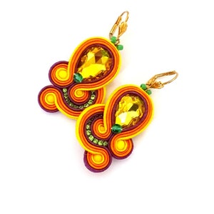 Bright yellow earrings soutache earrings orange and purple jewelry