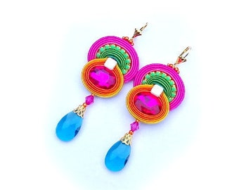 Colorful Dangle Drop Earrings, Soutache Earrings with Crystals, Long Dangle Earrings, Long Drop Earrings, Teal  Drop Earrings