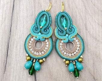 Bohemian statement earrings, long Dangling earrings, turquoise soutache earrings