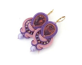 Lilac soutache earrings, lavender dangle earrings with crystals and beads