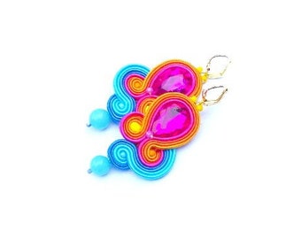 Rainbow Dangle Earrings , Colorful Soutache Earrings , Dangle earrings with crystals , Rainbow Earrings, Colorful Earrings, Dangle Earrings