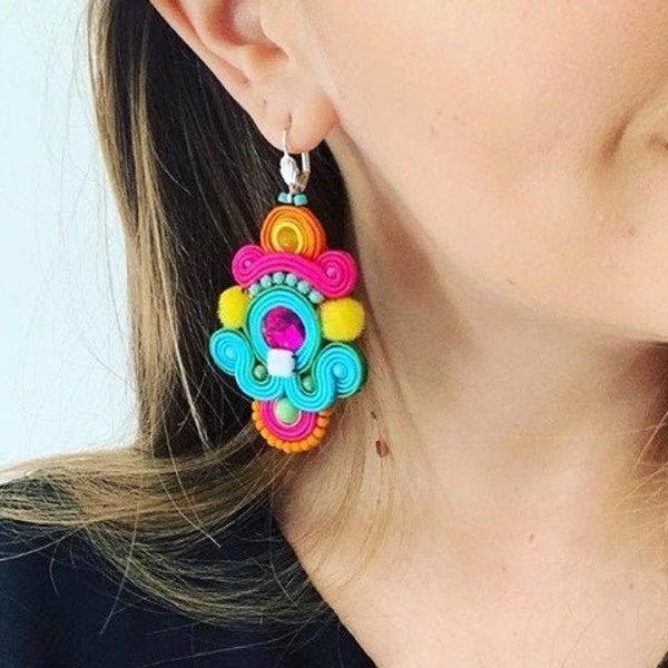 Colorful statement earrings with crystals, big soutache boho earrings with pompoms